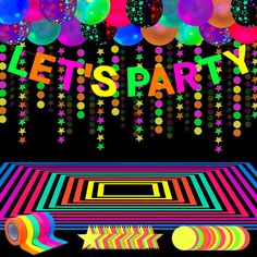 a party poster with balloons, streamers and confetti on the black background