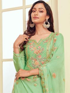 Buy pretty sea green embroidered partywear straight cut suit online at best price. This pleasing straight cut salwar suit comes with a georgette straight kurta with santoon bottom and georgette dupatta. Pant Suits Indian, Pakistani Suit With Pants, Women Pant Suits, Embroidery Pants, Lehenga Suit, Georgette Dupatta, Georgette Tops, Sharara Suit, Anarkali Kurta