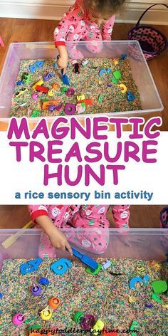 Magnetic Treasure Hunt – HAPPY TODDLER PLAYTIME -A fun and simple to set up rice sensory bin, where your toddler or preschooler can explore the magic of magnets. Pokemon Sensory Bin, Sensory Bin Fillers, Rice Sensory Bin, Sensory Bin Ideas, Toddler Sensory Bins, Preschool Sensory, Sensory Tub