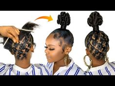 Top Knot Bun African American, Top Knot With Bangs Black Women, Criss Cross Bun, Top Knot Bun Hairstyles, Top Knot Bun Black Women, Top Bun Hairstyles For Black Women, Black Hair Bun Styles, Ladies Hair Style, Ninja Bun