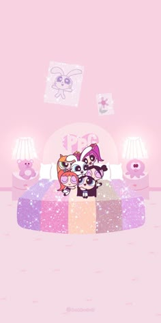 two cartoon cats sitting on top of a bed in a room with pink walls and flooring