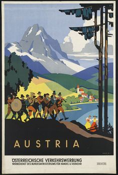 an image of a poster with people in the woods and mountains behind it that says austria