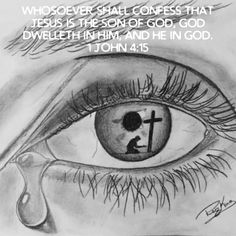 a drawing of an eye with the cross in it's center and drops of water coming out of its iris