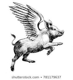 a pig with wings flying through the air on top of it's back legs