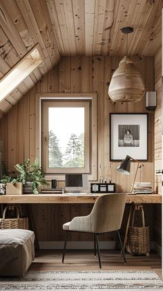 a home office with wooden walls and ceiling