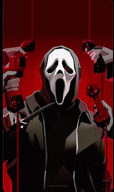 a person wearing a mask and holding two knives in front of red background with text that reads scream