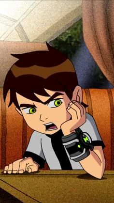 a cartoon boy sitting at a table talking on a cell phone and holding his hand up to his ear