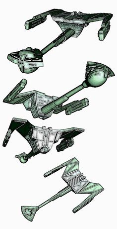 three different types of spaceships are shown in this drawing