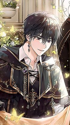 an anime character with black hair, wearing a costume and holding a butterfly in his hand