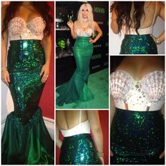 several photos of a woman in a green and white dress with sequins on it