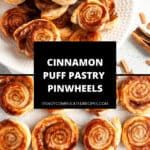 cinnamon puff pastry pinwheels on a white plate with the words cinnamon puff pastry pinwheels