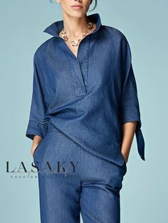 Lasaky - Urban Faux Denim Top with Shirt Collar Shirt Collar Blouse, Shirt Collar Pattern, Urban Shirt, Fashion Black And White, Blue Theme, Plain Blouse, Fashionista Clothes, Stylish Shirt, Long Sleeve Blazers