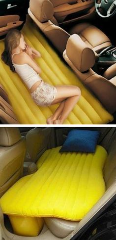 there is a woman laying on an inflatable car bed and another photo of the inside of a car