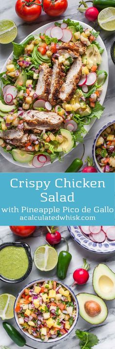 the cover of crispy chicken salad with pineapple pico de galloa salsa