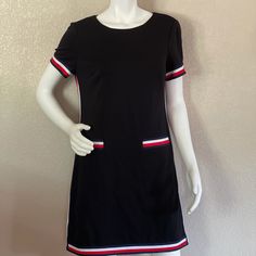 Tommy Hilfiger Striped Trim Dress :) Size 10 Length: 34 1/2 Breast: 36 Sleeve: 7 1/2 Waist: 36 Knee Length, Two Pockets In The Front Please See All Pictures For Additional Details Smoke/Pet Free Environment Box:22:Nd #1107 Casual A-line Dress By Tommy Hilfiger, Chic Tommy Hilfiger Mini Dress For Work, Chic Fitted Tommy Hilfiger Mini Dress, Tommy Hilfiger Knee-length Mini Dress For Work, Tommy Hilfiger Black Summer Dress, Casual Short Sleeve Dress By Tommy Hilfiger, Tommy Hilfiger Dresses, Trim Dress, Black Blue