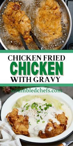 chicken with gravy in a skillet on top of a stove and the words, chicken fried chicken with gravy above it