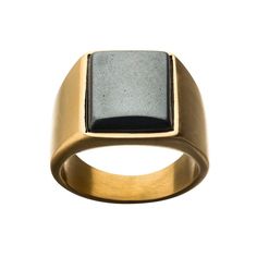 Crafted from yellow ion-plated stainless steel, this men's signet ring offers a sophisticated mix of classic and contemporary styling. Crafted from yellow ion-plated stainless steel, this men's signet ring offers a sophisticated mix of classic and contemporary styling. Width: 42 mm Metal: stainless steel Plating: yellow ion plated Finish: matte, polished, matte Additional details: polished hematite center stone Packaging: boxed Please note, due to the high value of this item, a signature may be Stone Packaging, Mens Wedding Ring, Signet Ring Men, Monster Mash, Stainless Steel Polish, Mens Gold, Men's Jewelry Rings, Jewelry Packaging, Mens Wedding Bands