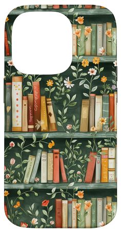 a book shelf with books and flowers painted on the wall behind it is a green background