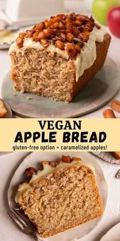 two slices of vegan apple bread on plates