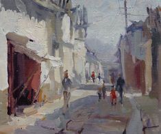 an oil painting of people walking down the street