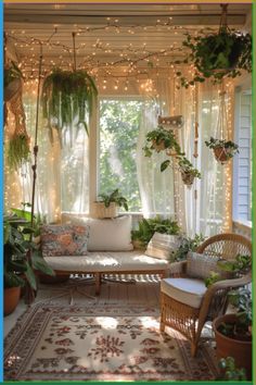 a porch covered in lots of plants and lights