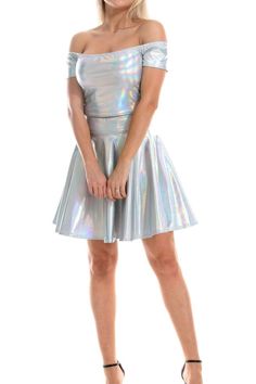 Ready to dare Holo or Iridescent? We got you, this is a trend that keeps coming back. Get 70+ ideas for your next perfect rave or festival outfit! Alien Costume, Pu Leather Skirt, Flared Mini Skirt, Off Shoulder Crop Top, Disco Outfit, Shoulder Crop Top, Unique Outfits