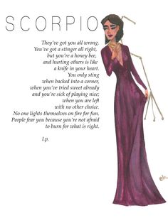 a drawing of a woman in a long purple dress with the words scorpio on it