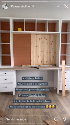 an image of a desk with built - in bookshelves and drawers on it