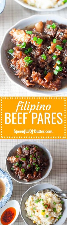 two plates with different types of food on them and the words, philippines beef pares