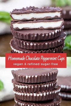 homemade chocolate peppermin cups stacked on top of each other with the text overlay