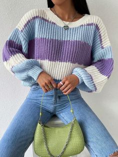 Women's Contrast Color Loose Fit Crew Neck Long Sleeve Knitted Sweater, Autumn Winter Multicolor Casual  Long Sleeve Knitwear Colorblock,Striped Pullovers Non-Stretch  Women Clothing, size features are:Bust: ,Length: ,Sleeve Length: Loose Pullover Sweater, Winter Crochet, Crochet Skirts, Oversize Pullover, Drop Shoulder Sweater, Sweater Autumn, Drop Shoulder Sweaters, Long Sleeve Knit Sweaters, Cute Sweaters