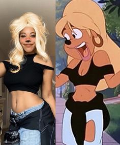 a woman with blonde hair and black top next to cartoon character in the same photo