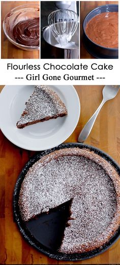 a chocolate cake sitting on top of a pan covered in powdered sugar