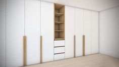 an empty room with white cupboards and wooden handles on the doors is shown in this 3d image