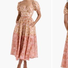 This Romantic And Feminine Dress Features A Sweetheart Neckline, Short Puff Sleeves, And A Full Midi-Length Skirt In Soft Shades Of Blush Pink And Peach. Shades Of Blush, Garden Party Dresses, House Of Cb Dresses, Midi Sundress, Midi Length Skirts, Dresses Pink, Feminine Dress, House Of Cb, Orange Pink