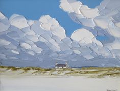 an oil painting of clouds and a house in the distance