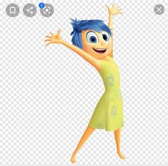 an animated cartoon character with blue hair, wearing a yellow dress and holding her arms in the air