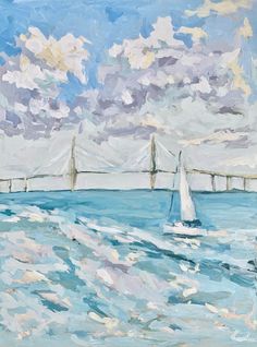 a painting of a sailboat on the water with a bridge in the distance behind it