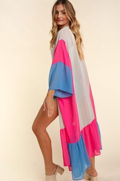 Multi chiffon solid color block three quarter length kimono sleeve ruffle hem maxi length open cardigan cover up Style: Casual Print / Pattern: Solid Silhouette: kimono Fit: Oversized Embellishment: Duster Neck Line: N/A Sleeve: Wide Sleeve Length: Ankle-Length Closure: Woven Lining: No Made In: IMPORT Fabric Contents: 100% POLYESTER Non-stretch fabric Sheer fabric Care Instructions: Hand Wash Cold Size Measurement (inch): S: null (Bust), null (Waist), null (Hips), 48.0 (Length) M: null (Bust), Spring Beach Cover-up Duster, Long Sleeve Summer Layering Cover-up, Summer Beach Kimono With 3/4 Sleeves, Spring Beach Kimono With 3/4 Sleeve, Maxi Kimono, Fall Capsule Wardrobe, Oversized Cardigan, Kimono Sleeve, Sheer Fabric