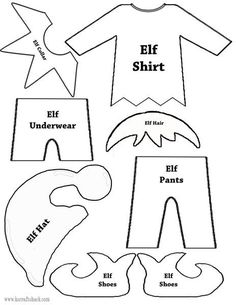 paper doll clothes with the words elf shirt and pants