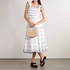 Elevate your summer style with our Sweet Strawberry Embroidered Broderie Anglaise Midi Dress. Made from organic cotton with charming strawberry embroidery, it's perfect for garden parties or casual outings. Shop Now Cotton Lace Trim Dress For Picnic, White Cotton Sundress For Picnic, Cotton Sundress With Smocked Bodice For Garden Party, Summer Cotton Sundress With Floral Embroidery, Summer Embroidered Cotton Sundress, Embroidered Summer Cottagecore Dresses, Summer Embroidered Cottagecore Dresses, Cotton Sundress With Lace Trim, Midi Length, Cotton Midi Sundress With Lace Trim