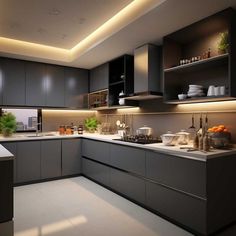 a modern kitchen with gray cabinets and white counter tops