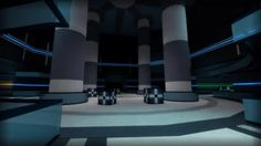 an empty room with columns and lights in the dark time lapse video game style