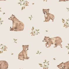 watercolor bear and cub pattern on white background