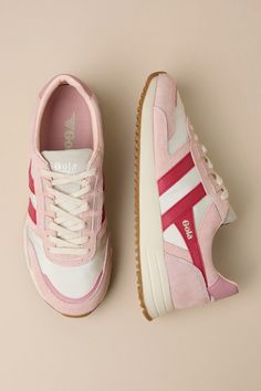 The Gola Chicago Wheat Color Block Suede Leather Sneakers are a cute twist on one of your favorite throwbacks! Sleek nylon and genuine suede leather (in hues of cream and pink) come together to shape these cute sneakers that feature a classic lace-up vamp and almond toe upper. Contrasting dark red striped design accents the instep and outstep, while deep pink details adorn the heel and toe. A trendy bumper sole completes the athleisure-chic look! Logo at the tongue and outstep. 1. 25" rubber sol Gola Sneakers, Athleisure Chic, Staple Shoes, Pink Details, Adidas Shoes Women, Cute Sneakers, Mens Nike Shoes, Everyday Shoes, Swag Shoes