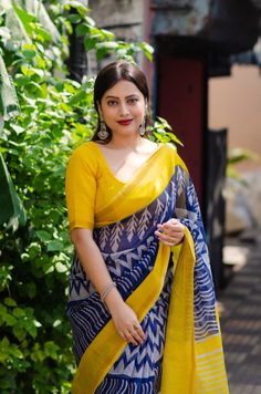 Soft Kota Doriya Ikkat Style Printed Saree With Zari Pattu Border. Color : Yellow, Running Kota Doriya Blouse. Pack Contains :1 Top Colour :Yellow Saree Length :5.5M Blouse (Stitched/Unstitched/Running) :Unstitched Blouse Length :1 M Fabric :Ikkat Work/Print :Woven Weight :0.495 Wash & Care :Dry Clean Only Mul Mul Cotton Saree, Mul Cotton Saree, Batik Saree, Formal Saree, Dress Pant Suit, Indian Saree Blouse, Yellow Saree, Trendy Dress Outfits, Blue Saree