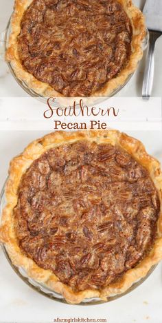 two pies sitting on top of each other with pecans in the middle and bottom