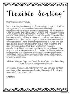 the text for flexible seating is in black and white, with an ornate border around it