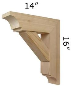 an unfinished wood corbge with measurements for the top and bottom section, including one corner