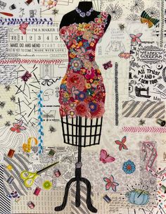 a dress on a mannequin surrounded by many different types of sewing and threads